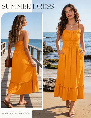 GRACE KARIN Women's Summer Maxi Dress 2026,Smocked Ruched Bust Sundress with Adjustable Straps & Pockets Mustard Yellow XL - Thumbnail 4