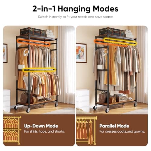 HOKEEPER Heavy Duty Rolling Clothes Rack, Metal Closet Organizer with Wood Shelves, Adjustable 70.9"~79.9" H x 39.3" W Freestanding Wardrobe for Bedroom, Max Load 450 LBS - Thumbnail 4