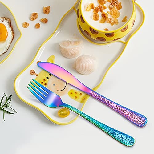 LIANYU 12-Piece Rainbow Kids Silverware Set, Stainless Steel Toddler Utensils, Hammered Preschooler Metal Flatware Cutlery Set, Children Tableware Includes Knives Forks Spoons, Dishwasher Safe - Thumbnail 3