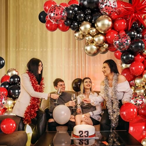 Red and Black Gold Balloon Garland Arch Kit, 140Pcs Red Black Metallic Gold Confetti Balloons With Stars for Birthday Wedding Birdal Shower Anniversary Graduation Casino Party Decorations - Thumbnail 3