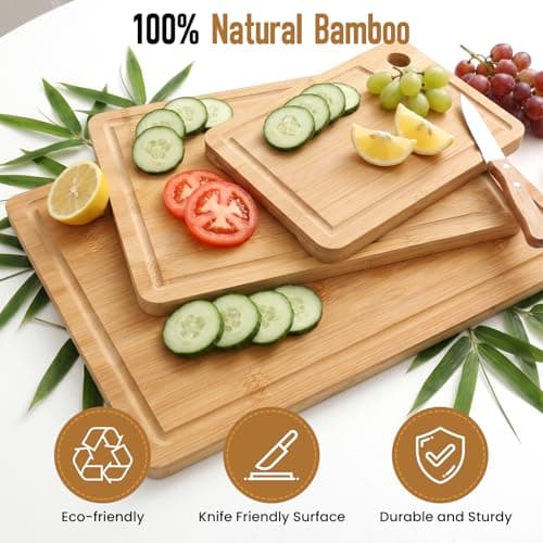 VIVIGU 3-Piece Bamboo Cutting Board Set, Premium Wood Cutting Board with Juice Grooves, Durable Chopping Boards for Kitchen Prep, Meat, Vegetables, Fruits & Serving - Thumbnail 3