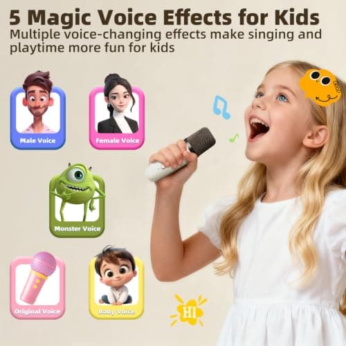 Kids Karaoke Machine Toy for Ages 3-12, Rechargeable Portable Bluetooth Speaker with 1 Wireless Microphone, LED Light Up Voice Changer, Christmas Birthday Gift for Boys Girls Grandkids (Cream - 1) - Thumbnail 4
