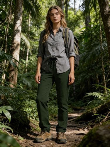 Womens Hiking Pants Water Resistant Quick Dry UPF 50+ Cargo Zipper Pockets Sweatpants Elastic Waist Drawstring Lightweight Work Casual Outdoor Army Green M - Thumbnail 3