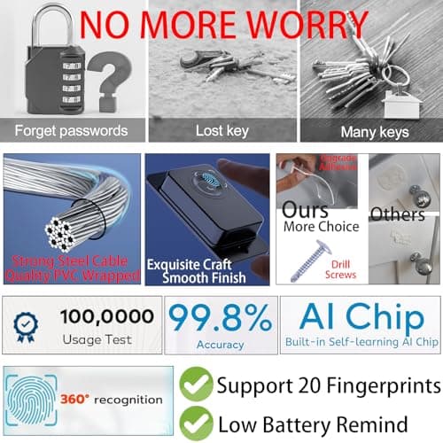 Bstsilver Fingerprint Refrigerator Lock Child Safety No Drill, Smart Biometric Latch for Cabinet Freezer Drawer Window, RV Fridge Lock Babyproofing 20 User for Kids Toddler Adult Cat Dog, with USB Key - Thumbnail 4