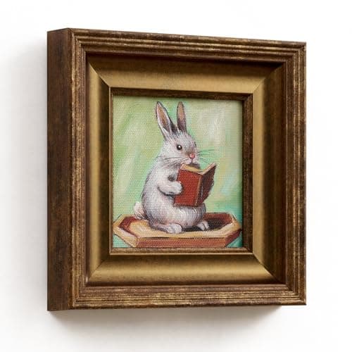 Vintage Gold Framed Mini Hand‑Painted Oil Painting Rabbit Canvas Wall Art