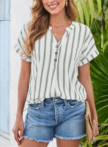 Dokotoo Womens Shirts Short Sleeve V Neck Button Tops for Women Trendy Lightweight Striped Color Block Business Casual Tops for Women 2026 Blouses Green Medium - Thumbnail 2