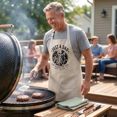 Shescrzionu Funny BBQ Aprons for Men with Skull,Large Mens Kitchen Work Apron for Cooking Grilling,Waterproof Apron with Dual Pockets Adjustable Fit,Great Dad Apron for Man Chef Creative Gifts-A03 - Thumbnail 5