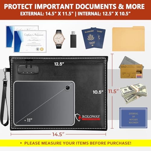 ROLOWAY Fireproof Document Bag (14.5 x 11.5 inch), 6400℉ Fireproof Money Bag with Zipper for Cash, Fire Safe Money Pouch with Lock (Black) - Thumbnail 2