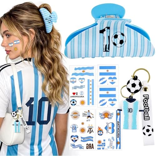 ANFONG World Cup Merchandise Gifts Set: Sky Blue Stripe Claw Clip, No.10 Jersey World Cup Keychain & Argentina Flag Stickers, Soccer Fan Accessories for Girls, World Cup Party Favors & Game Day Outfit - Image 1