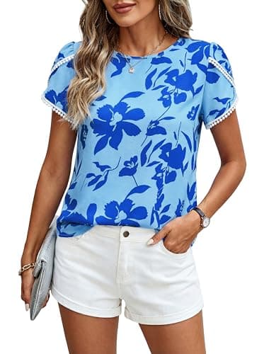 PRETTYGARDEN Womens Spring Tops 2026 Casual Crewneck Lace Crochet Short Sleeve Shirts Floral Boho Blouse Loose Tunic Top(Blue Big Floral,X-Small)