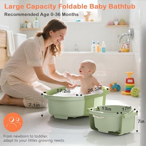 Collapsible Baby Bathtub - Large Baby Bath Tub with Thermometer & Cushion | Travel Portable Newborn Infant Bathtub | Foldable Toddler Bathtub for Baby 0 to 36 Months (Green) - Thumbnail 5