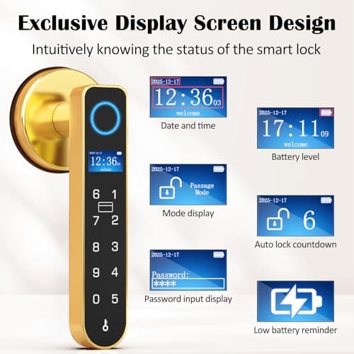 Fingerprint Keyless Entry Bedroom Door Lock with Code RFID Card NFC APP Keypad, Smart Biometric Automatic Interior Door Handle with Lock for Indoor Hotel Pantry Apartment Office Home, Gold - Thumbnail 3