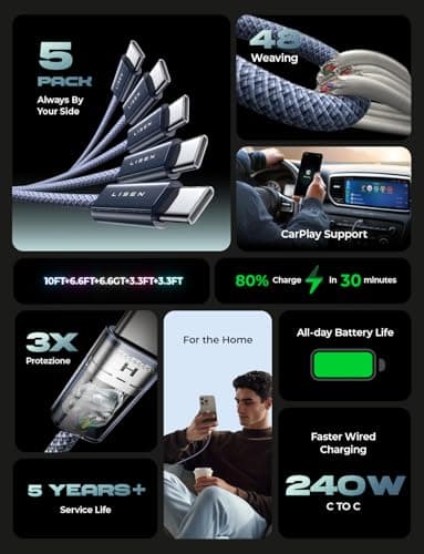 LISEN USB C to USB C Cable, 240W C to C Cable Fast Charging[1M+1M+2M+2M+3M/5 Pack] Fast Charger USB C Cord Type C Charger Fast Charging USBC to USBC Cable,Midnight - Thumbnail 2