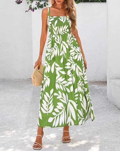 PRETTYGARDEN Womens Summer Dresses 2026 Casual Spaghetti Strap Ruffle Smocked Flowy Floral Spring Maxi Dress with Pocket(Leaves Light Green,Medium) - Thumbnail 2