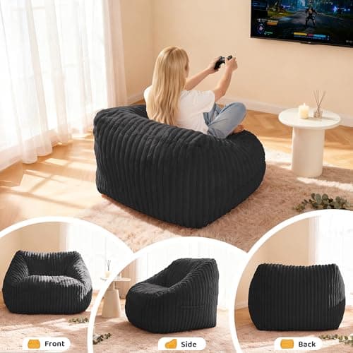 HABUTWAY Bean Bag Chair, Giant Bean Bag Chairs for Adults and Kids, Bean Bag Sofa, Lazy Floor Sofa, Faux Fur Beanbag Chair with Armrests for Living Room Bedroom (Black) - Thumbnail 5