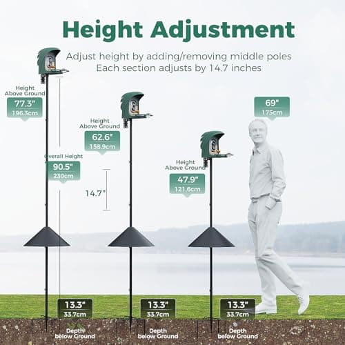 PerchMe Bird Feeder Pole with Squirrel Baffle, 91'' Inch Heavy-Duty Bird House Pole for Outdoors,Adjustable Height,Universal Mount Kit for Bird Feeder Camera &Bird House (Adapter Included) - Thumbnail 2