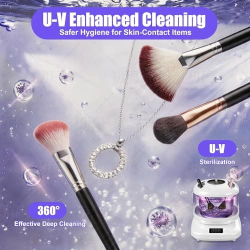 Ultrasonic Jewelry Cleaner with Detachable Tank, Makeup Brush Cleaner Machine Professional for Rings, Necklaces, 4 Modes with U-V, Portable Quiet, IPX7 Waterproof – Also Ideal for Retainers & Dentures - Thumbnail 2