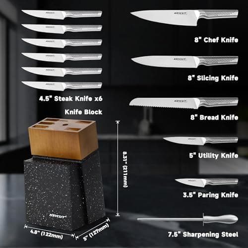 KEYCUT 13 PCS Knife Set with Block, Upgraded 5Cr15Mov High Carbon Stainless Steel Kitchen Knife Sets with Block and Sharpener, Ergonomic Full-Tang Handle, Professional Kitchen Knife Set - Thumbnail 2