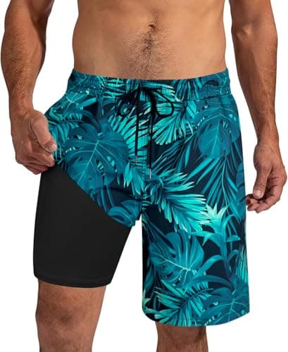 XiaoMoSha Mens Swim Trunks 9 Inch Board Shorts with Compression Liner Swimsuit Quick Dry Bathing Suit with Pockets Hawaiian Summer Beach Surf Swimwear S Green Leaves - Image 1