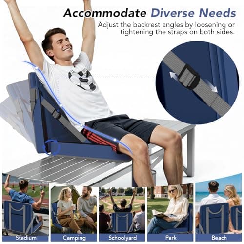 janiry Stadium Seats with Back Support 2PACKS Adjustable Bleacher Chairs with Back and Cushion Bleacher Seat with Cup Holder, Carry Handle & Shoulder Strap for Outdoor Sports Events, XL Large Navy - Thumbnail 6