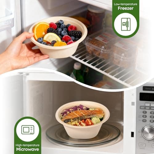 JYTIDYRA Paper Bowls, 32 Oz Disposable Bowls [100 Pack] Heavy Duty Compostable Deep Disposable Soup Bowls, Eco-friendly Biodegradable Bagasse Hot Cold Microwavable Bowls for Salad, Cereals, Dessert - Thumbnail 4