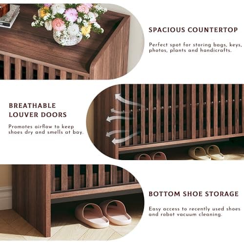 HUAHUU Shoe Cabinet with Sliding Slatted Doors, 5-Tier Shoe Storage Cabinet with Adjustable Shelf, Modern Wooden Shoe Organizer Cabinet for Entryway, Hallway, Living Room, Walnut - Thumbnail 6