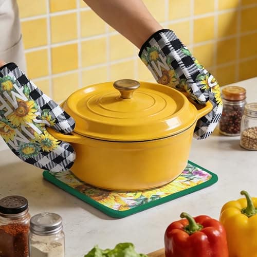 Vetoxka 8 PCS Bee Sunflower Kitchen Decor and Accessories - Bright Summer 4 Dish Towels, 2 Plaid Oven Mitts and Pot Holders Sets for Home Decoration Farmhome Cook Bake Mom Daughter Housewarming Gifts - Thumbnail 6