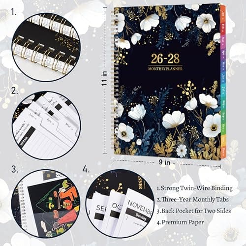 2026-2028 Monthly Planner/Calendar - January 2026 - December 2028, 9” × 11”, 3 Year Monthly Planner 2026-2028, 36-Month Calendar with Tabs,Inner Pocket, Twin-wire Binding, Enterprise - Thumbnail 5