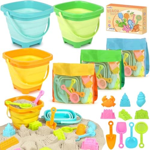 Dreamon Beach Toys for Kids 3-10, Collapsible Sand Toys Include 3 Pack Foldable Buckets with Mesh Bag, 24 PCS Beach Mold and Shovels Molds, Travel Sandbox Beach Toys for Toddler - Image 1