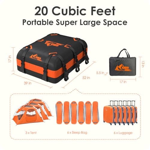 BATSUVCER Car Rooftop Cargo Carrier Bag 20 Cubic Feet, 100% Waterproof Heavy Duty Car Roof Bag for All Vehicle with/Without Racks - Anti-Slip Mat, 6 Door Hooks, Storage Bags, 5CM Straps(Orange) - Thumbnail 6