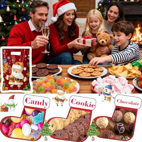 TESKEUP Christmas Gift Bags with Handles - 100 Pcs Christmas Treat Goodie Bags, Plastic Small Xmas Favor Bags Bulk for Candy Cookies Snacks Xmas Holiday Party Favors Supplies - Thumbnail 4