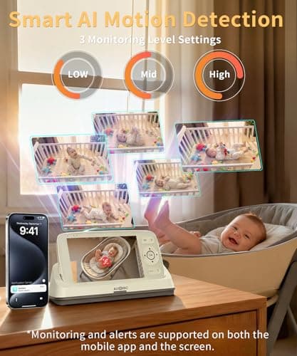 ALIOBC Smart Baby Monitor with Camera and Audio WiFi & No-WiFi Modes AI Cry Detection Night Vision 1080p FHD Camera and 5" Large Screen Two-Way Talk 1000ft Range Smart Alert Easy Setup for New Parents - Thumbnail 4