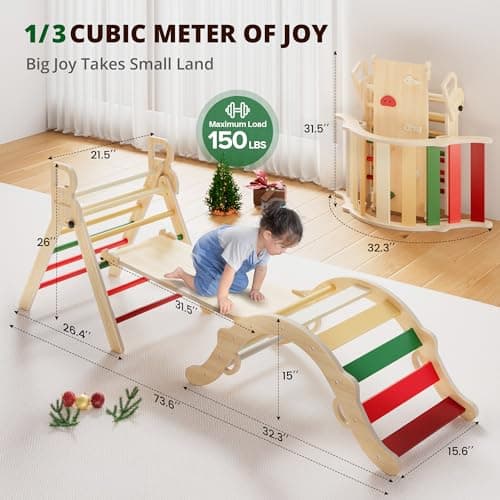 BlueWood Pikler Triangle Set, Toddler Wooden Climbing Toys Indoor 7in1 Foldable Climber for Kids, Montessori Philosophy Play Jungle Gym with Arch, Ramp, Ladder (Warm Winter Christmas) - Thumbnail 2