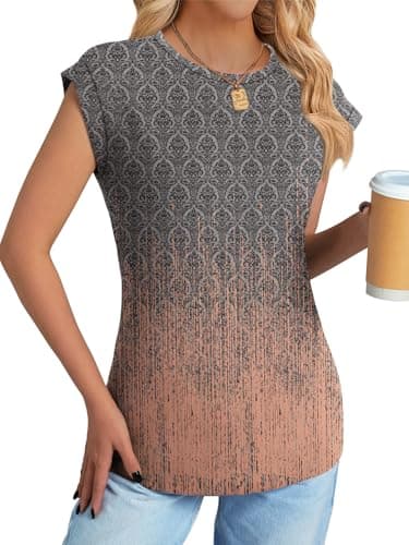 NORACORA Womens Spring Summer Cute Floral Tops Crew Neck Shirts Short Sleeve Tunic Basic Blouses Loose Tops Party Cap Sleeve T Tshirts Grey Pink Gradient XL - Thumbnail 3