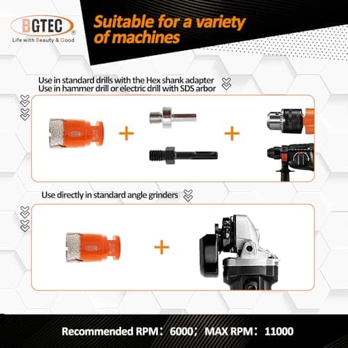 BGTEC Tile Hole Saw Kit Diamond - 11PCS 5/8-11 Thread Drill Bits 6/6/8/19/35/50/65mm+50mm Beveling Chamfer Bit+20mm Finger Bit+SDS/HEX Adapter for Pocelian Tile Ceramic Marble Granite Stoneware - Thumbnail 6