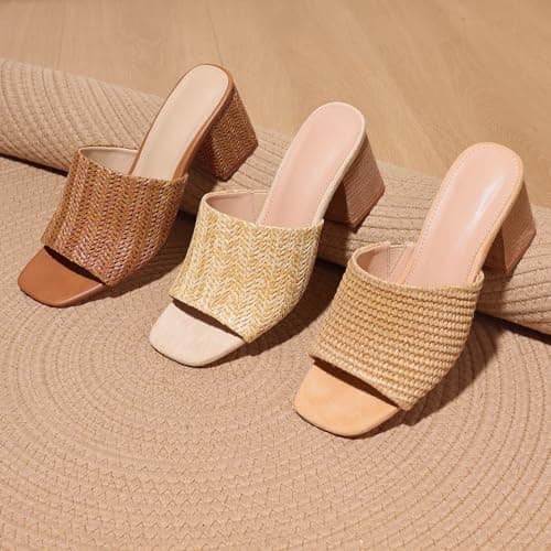 Ancomafio Women's Heeled Sandals Raffia Heels Square Open Toe Sandals Backless Mules Slip On Block Slides Brown Size 9 - Thumbnail 6