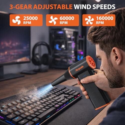 Electric Air Duster, 160000RPM Ultra Powerful Compressed Air Duster, 3-Gear Adjustable Air Blower, Rechargeable Cordless Mini Blower for Keyboard, Computer, Electronics, Car, Home & Outdoor Cleaning - Thumbnail 3