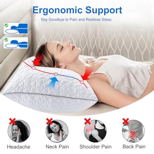 Cooling Pillows Standard Size Set of 2, Shredded Memory Foam Pillows, Adjustable Firm Bed Pillows Cool Cold Pillow for Hot Side Back Stomach Sleepers with Removable Washable Cover, 20" x 26", White - Thumbnail 5