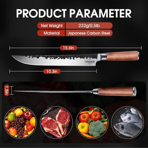 Huusk Knives Japanese Brisket Slicing Knife, 10" Premium High-Carbon Butcher Breaking Knife Hand Forged Long Meat Trimming Carving Knives for Turkey Slicing Meat Rib Roast BBQ, Gifts Idea for Men - Thumbnail 3