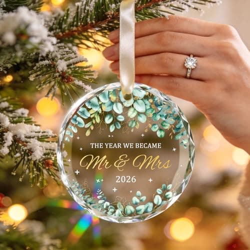 Wedding Gifts for Couples 2026, Premium Crystal Glass First Christmas Married Ornament, Mr and Mrs Gifts for Newlyweds, Just Married Bridal Shower Decor, Unique Keepsake Present for Bride & Groom - Thumbnail 6