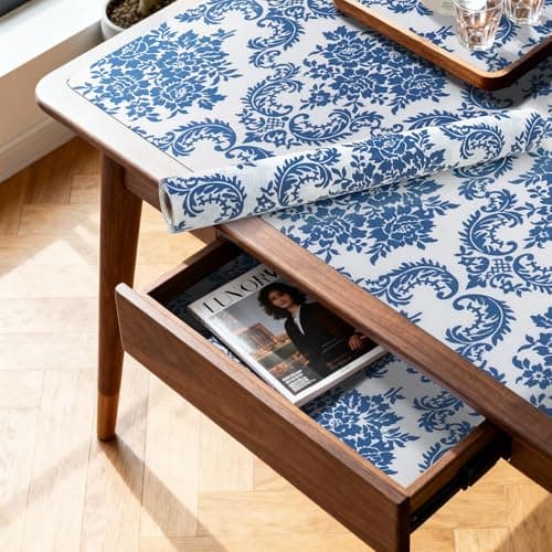 RAY STAR 18" x 8 Ft Shelf Liner for Kitchen Cabinets, Non-Adhesive Cabinet Liner Washable, Drawer Liner for Dresser Non-Slip Bathroom [Blue Damask] - Image 1