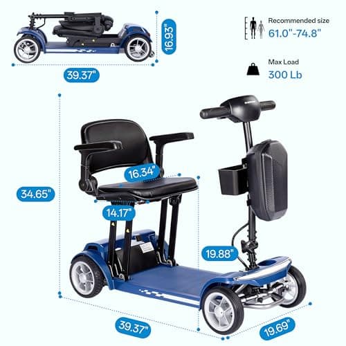 Cyseekin Mobility Scooters for Seniors & Adults – 20AH Long-Range Battery, Anti-Tip Wheels, 4-Wheel Electric Mobility Aid, 3-Step Quick Fold, 300 lbs Capacity, Front Bumper, Flip-up Armrest, USB Port - Thumbnail 4