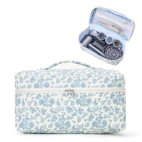 Large Quilted Hair Tools Travel Bag with Top Handle, Cute Portable Cotton Floral Organizer Case for Hair Dryer, Curling Iron & Styling Accessories, Home & Travel Use, Ideal Gift for Women & Girls