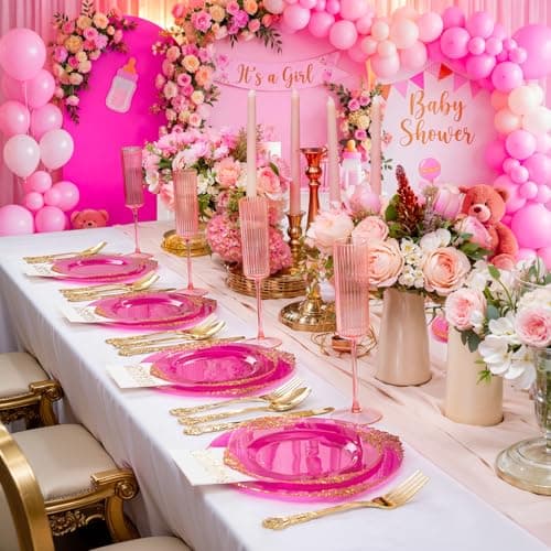 Joyido 102PCS Clear Hot Pink Plastic Plates - Pink Disposable Plate with Gold Rim - Hot Pink Party Plates Include 51PCS 7.5inch Dessert & 10.25inch Dinner Plate for Wedding Birthday Party Mother’s Day - Thumbnail 4