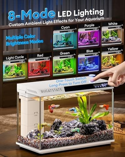 BUCATSTATE 2.6 Gallon Fish Tank, 3 Stage Filtration with Independent Waste Compartment Aquarium, Quiet 3 in 1 Pump, Real-Time Temp Display, 8-Mode LED Light Fish Tank (White) - Thumbnail 5
