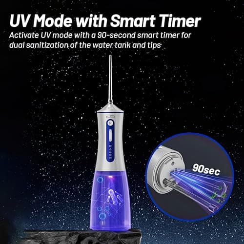 Water Dental Flosser Cordless with UVC Light, 3 Modes Portable Oral Irrigator, IPX7 Waterproof, 300ML Tank, Electric Teeth Cleaner for Tonsil Stones, Home & Travel Use (Pink) - Thumbnail 2