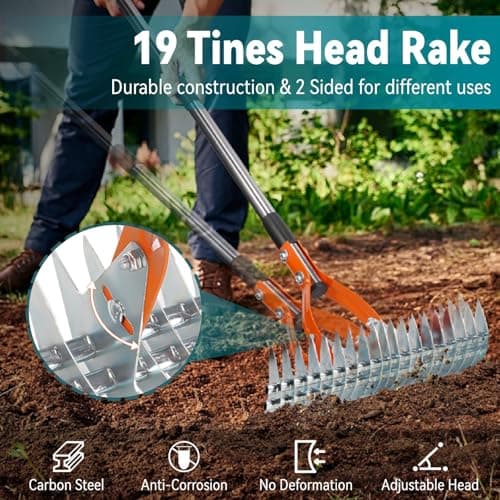 Thatch Rake for Lawns, Yofidra 15" Heavy Duty Metal Dethatcher Rake with 5FT Handle, 70’’ Adjustable Manual Thatcher with 19-Tine for Lawn Loosening Soil, Yard and Removing Dead Grass - Thumbnail 2
