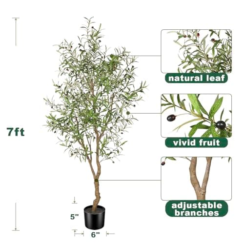 FEELEAD 7ft Faux Olive Tree - Fake Potted Olive Silk Tree with Planter Natural Olive Branches and Realistic Leaves Artificial Tree for Home House Office Decor Indoor - Thumbnail 3