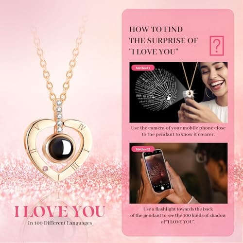 Tyvouflo Preserved Roses Forever Flowers with Heart in 100 Languages Mom Necklace Birthday Gifts for Her Wife Girlfriend Grandma on Valentines Christmas Anniversary Romantic-Pink - Thumbnail 2