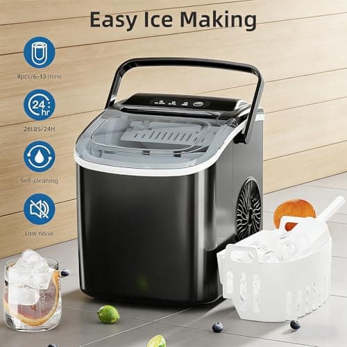 Antarctic Star Countertop Ice Maker Portable Ice Machine with Handle,Self-Cleaning Ice Makers, 26Lbs/24H, 9 Ice Cubes Ready in 6 Mins for Home Kitchen Bar Party (Black) - Thumbnail 4